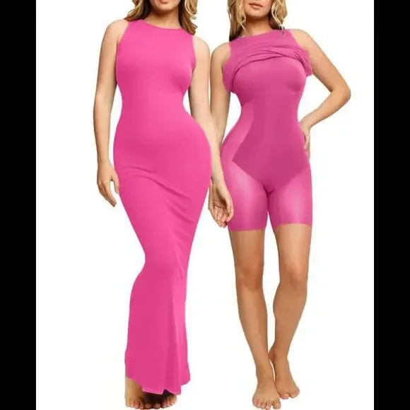 NWT Pink Popilush Shapewear Modal Crew Neck Slimming Maxi Dress, Size Large - Picture 1 of 9